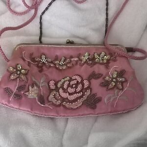 Pink Beaded Floral Clutch Shoulder Bag..Age Spots On Back.
